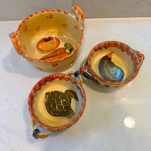 Set of 3 Italica arts oven safe hand painted casserole dishes.